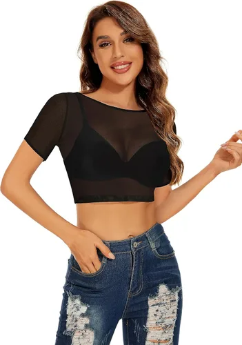 Vista 4 de Blusa de malla transparente para mujer, manga corta, manga larga, entallada, para discoteca