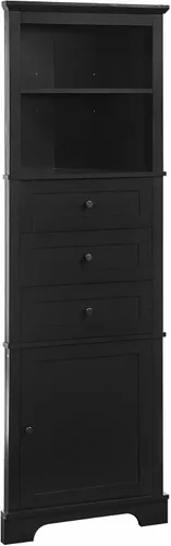 Vista 9 de Corner Cabinet with 3 Drawers and 1 Door, Triangle Storage Cabinet with Open Adjustable Shelves, Tall Bathroom Organizer Home Space Saver for Living