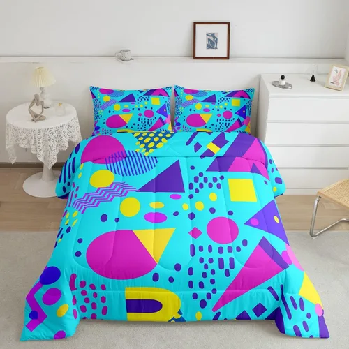 Vista 29 de Juego de edredón de estilo retro de los años 80, juego de ropa de cama de patrón geométrico abstracto, diseño urbano moderno con círculos