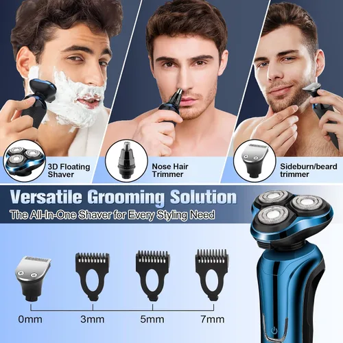 Vista 5 de Maquinilla de afeitar eléctrica para hombres, 3 cabezales flotantes, impermeable, para hombre, pantalla LED, inalámbrica, con recortadora de pelo
