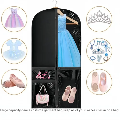 Vista 4 de Bolsa de ropa transparente para disfraz de baile, bolsa de ropa de 39 pulgadas para competiciones de baile, funda de ropa colgante para niños