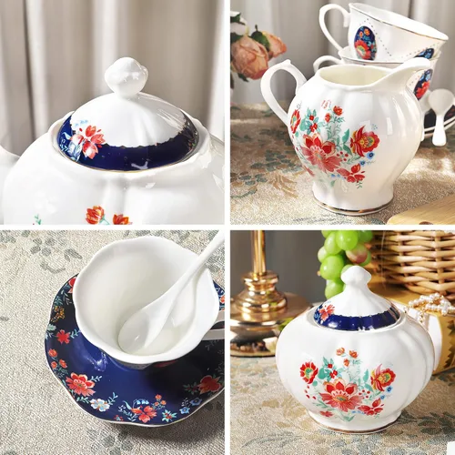 Vista 2 de fanquare Juego de té de porcelana victoriana de 21 piezas para 6, juego de tazas de té floral británicas reales para mujeres, juego de fiesta de té