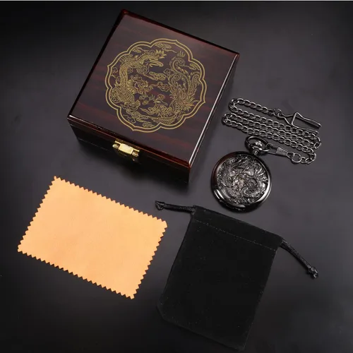 Vista 7 de ManChDa - Reloj de bolsillo mecánico antiguo para hombres Lucky Dragon & Phoenix Retro Skeleton Dial con cadena