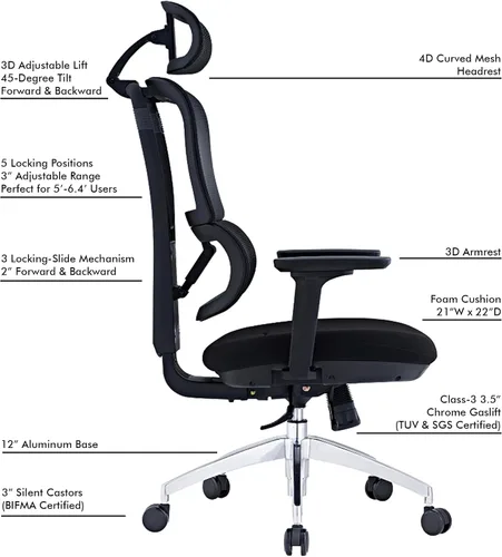 Vista 6 de SUNLINE Elevate - Silla de oficina - Sistema de soporte lumbar ergonómico y ajustable con base de aluminio - Reposacabezas de malla curva 4D