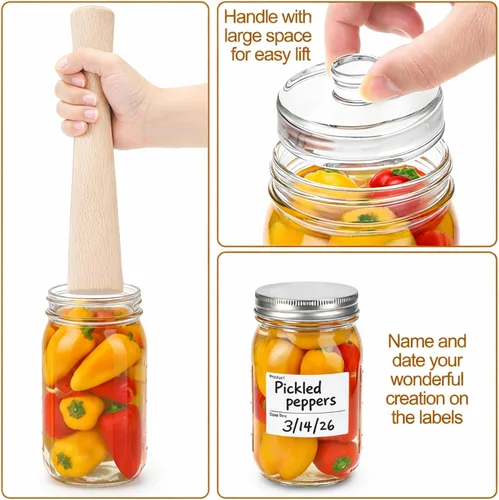 Vista 5 de Jucoan 6 Pack Glass Fermentation Weights with Easy Grip Handle for Wide Mouth Mason Jars and 1 Pcs Beech Wood Vegetable Tamper Sauerkraut Pounder