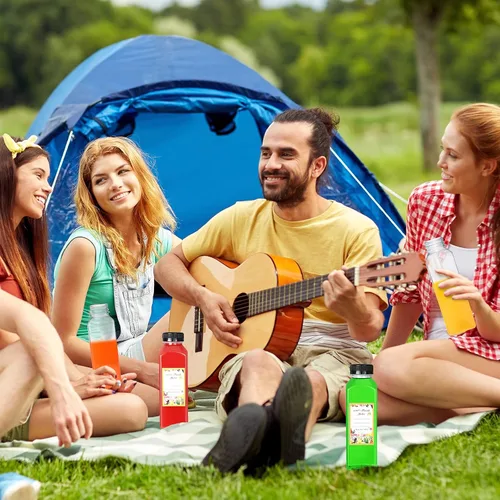 Vista 3 de DANALLAN 24 botellas vacías de jugo de 12 onzas con tapas, botellas de plástico reutilizables de primera calidad, contenedor de jugo, tapas negras