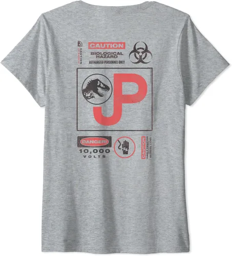 Vista 2 de Camiseta retro con cuello en V Jurassic Park Caution para mujer, Gris