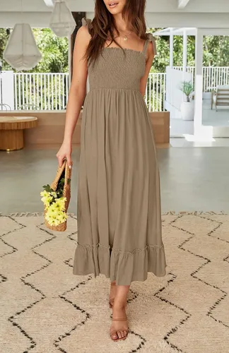 Vista 2 de ZESICA vestido bohemio y liso de verano para mujer acampanado con tirantes delgados cuello cuadrado y volantes vestido largo para la playa