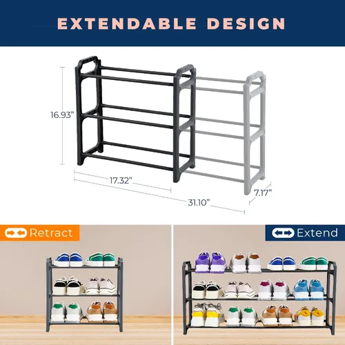 Vista 2 de Happhom Organizador de zapatos expandible de 3 niveles, estante de zapatos que ahorra espacio con diseño inteligente para armario, entrada