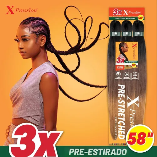 Vista 3 de Sensationnel X-Pression - Trenzas sintéticas prestiradas, 3 unidades, 58 pulgadas, negro azabache 1 Cabello trenzado, Kanekalon, ignífugo