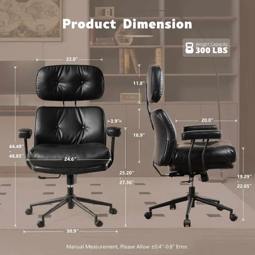 Vista 2 de Silla de oficina ergonómica para grandes y altos, silla ejecutiva moderna de mediados de siglo con soporte lumbar, respaldo alto, cojín grueso, piel