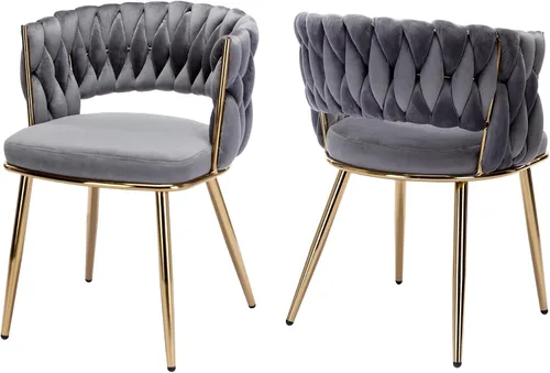 Vista 11 de Juego de 2 sillas de comedor tejidas, modernas sillas de comedor tejidas a mano con patas de metal negro, sillas tapizadas con marco negro