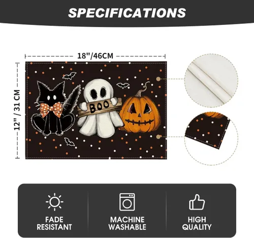 Vista 6 de Artoid Mode Juego de 6 manteles individuales de Halloween, diseño de lunares, fantasma, calabaza, gato, Boo, Halloween, 12 x 18 pulgadas