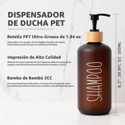 Vista 3 de MOMEEMO Juego de dispensador de ducha ámbar, contiene 3 botellas de plástico PET extra gruesas con bombas de bambú, dispensador de champú