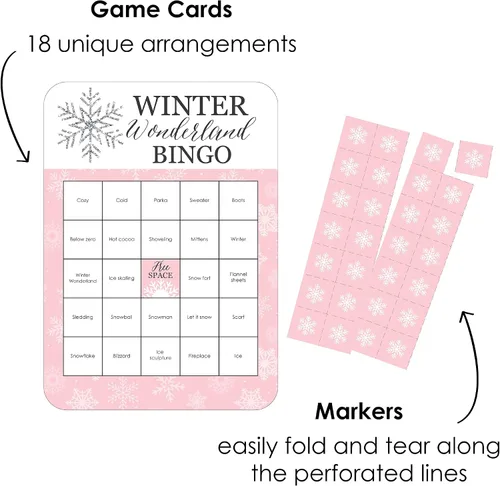 Vista 3 de Big Dot of Happiness Pink Winter Wonderland - Tarjetas de bingo y marcadores - Fiesta de cumpleaños de copo de nieve y juego de bingo para baby