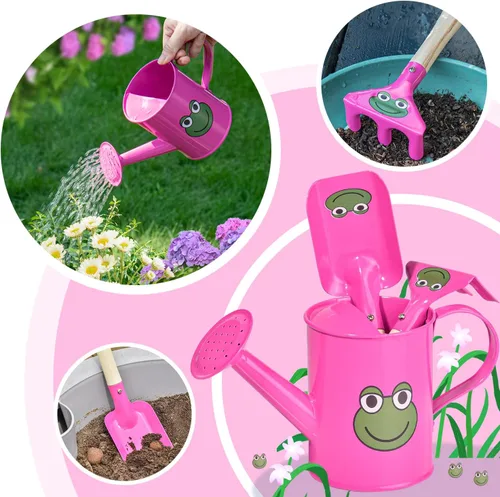 Vista 4 de Sungmor Juego de regaderas pequeñas para jardinero El paquete incluye 3 regaderas de rana rosa roja y paleta y rastrillo herramientas de mano