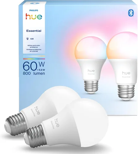 Vista 11 de Philips Hue Essential - Bombilla LED inteligente A19, ambiente blanco y color, base E26, 8.8W, 2200K-6500K, 800 lúmenes, regulable, funciona