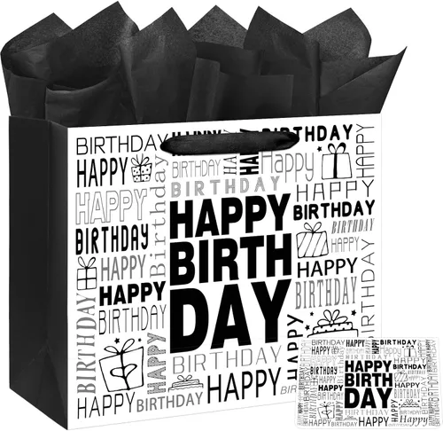 Vista 7 de Laidans Bolsa de regalo de feliz cumpleaños grande en blanco y negro de 13 13" Negro Blanco