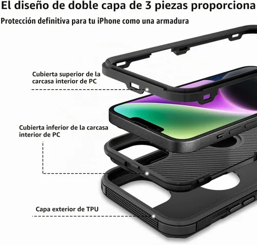 Vista 4 de Jiunai Funda para iPhone 14 Plus a Prueba de Golpes Antipolvo Protección de Servicio Pesado Protectora Antiarañazos de Doble Capa Resistente Rugosa