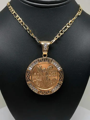 Vista 6 de Fran & Co. Moneda chapada en oro Centenario Mexicano Moneda 50 Pesos Cadena Colgante CZ Oro Cadena 26", Metal