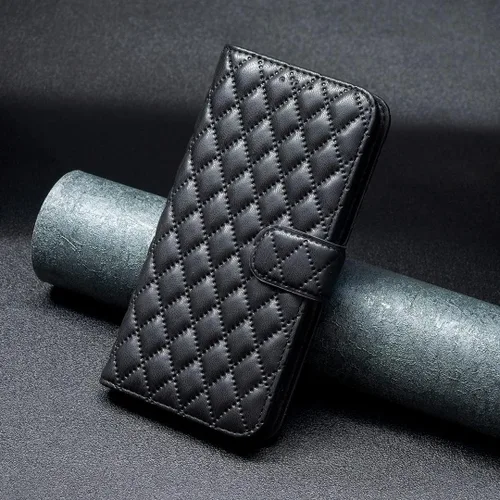 Vista 6 de Case for Xiaomi Redmi Note 10 4G/Note 10S,Rhombus Lambskin Pattern Premium Leather Wallet Kickstand Flip Case Magnetic Clasp Cover Black