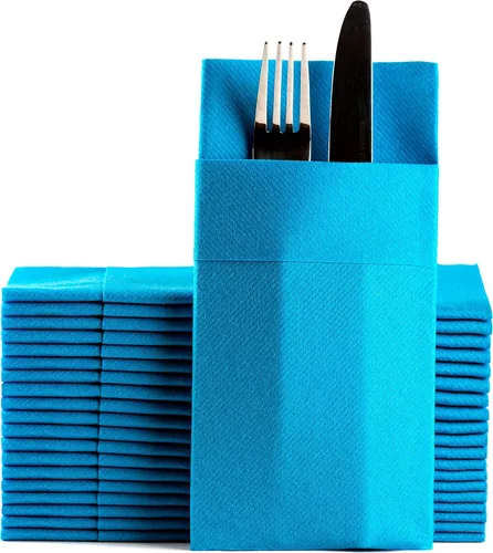 Vista 11 de Servilletas de papel desechables azul bebé con bolsillo incorporado para cubiertos, servilletas de tacto de lino absorbentes para cocina, baño