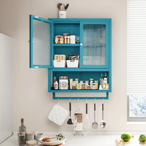 Vista 9 de Armario de pared de baño con 2 puertas de vidrio, botiquín de baño con barra de toallas y estantes, gabinete de almacenamiento sobre el inodoro