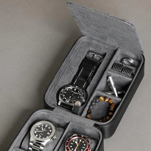 Vista 9 de Juego de regalo Caja de reloj de cuero con 10 ranuras con cajón de valet y funda de viaje a juego para 5 relojes, organizador de exhibición