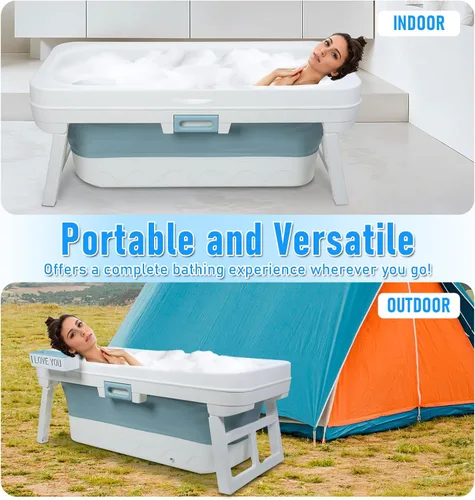 Vista 5 de 51 Inch Foldable Bathtub, Portable Adult Soaking Tub, Large Collapsible Freestanding Bath with Ergonomic Headrest, Space-Saving Design, Ice Bath &