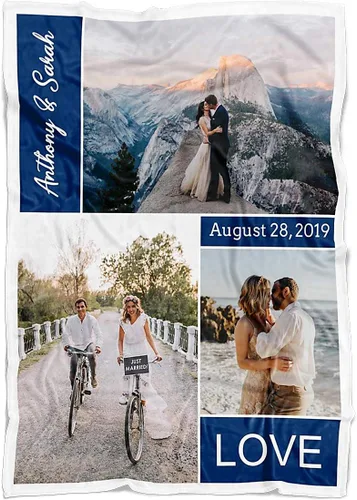 Vista 12 de Manta personalizada con collage de 3 imágenes a todo color. Personalizado de tus fotos y apellido. Manta de forro polar súper suave para bebés