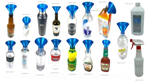 Vista 5 de Embudo roscado de rosca negro para fijar a botellas de soda y spray Vitaminas, Polvos y Líquidos