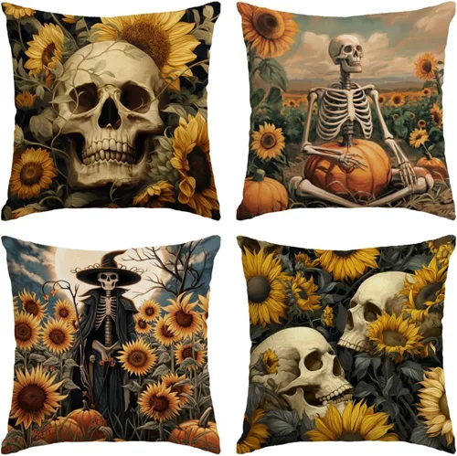 Vista 12 de Fundas de almohada de Halloween de 12 x 12 pulgadas, juego de 4 fundas de almohada decorativas con diseño de truco o trato, fundas de almohada