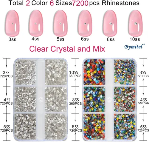 Vista 2 de Bymitel 7200 unidades de cristal transparente y mezcla de diamantes de imitación con parte trasera plana, 6 tamaños mixtos, gemas de cristal