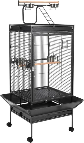 Vista 9 de Jaula grande para pájaros de 60 pulgadas con soporte, jaula de loro enrollable de metal con bandeja deslizante, estante de almacenamiento, perca