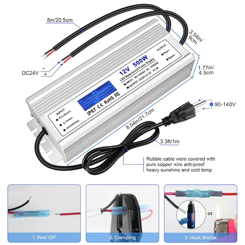 Vista 4 de Controlador LED de 500 W, fuente de alimentación impermeable IP67 de 12 V, CA 90-140 V a CC 12 V 41.6 A transformador de bajo voltaje con enchufe