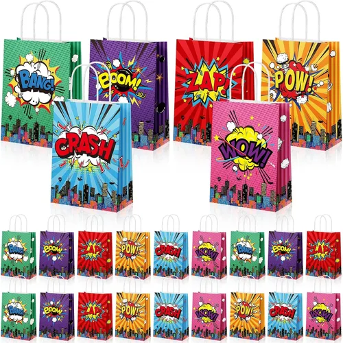Vista 8 de Pajean 18 bolsas de regalo de fiesta de héroe de cómic, papel de estraza de héroe, bolsas de regalo con asa temática de boom, suministros