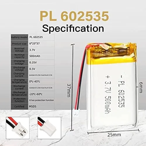 Vista 2 de 3.7V 500mAh 602535 Lipo paquete de iones recargable con conector JST 1pcs