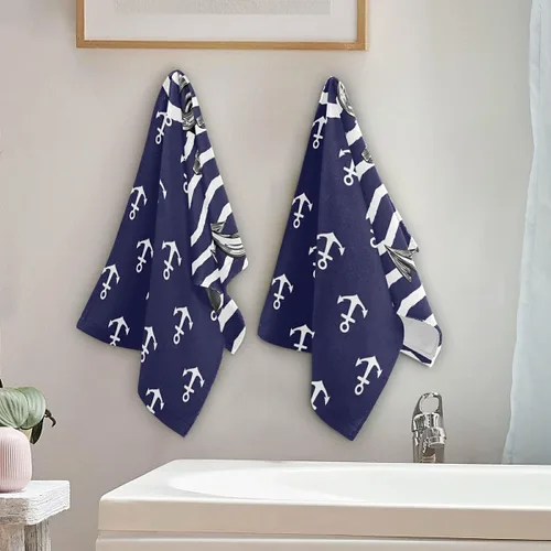 Vista 4 de Toalla de mano de baño de ancla, 2 piezas, toallas de mano absorbentes náuticas a rayas blancas, anclajes marinos, toalla facial suave