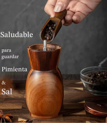 Vista 3 de Molinillo de pimienta, molinillo de sal y pimienta con soporte, salero y pimentero de madera, molinillo de especias manual recargable