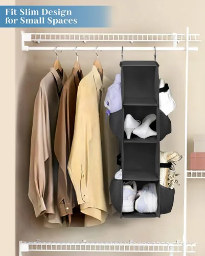 Vista 2 de SLEEPING LAMB Organizador corto de zapatos colgante para almacenamiento en armario con bolsillos laterales de malla con capacidad para 8 pares, Negro
