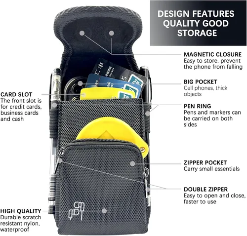 Vista 5 de Funda de nailon para teléfono con bolsillo con cremallera, bolsa de clip para cinturón para iPhone 17 16 15 14 Pro Max y Plus