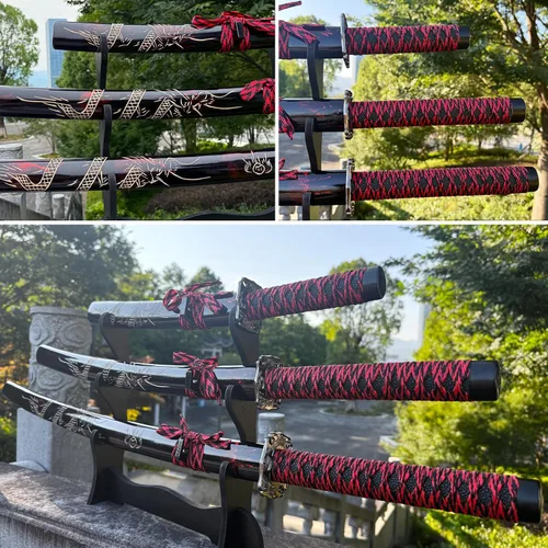 Vista 8 de 3-Piece Set Katana Carbon Steel Blade Japanese Samurai Sword Real,Iaido Samurai Sword Display Decoration Gift Rojo