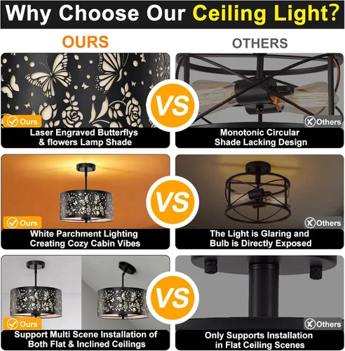 Vista 4 de Lámpara de techo semiempotrada, lámpara de techo rústica de metal de pergamino blanco con diseño de mariposa, candelabros negros industriales de 3