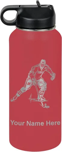 Vista 30 de LaserGram Botella de agua personalizada, jugador de hockey, acero inoxidable de doble pared aislada al vacío con popote superior, regalo grabado