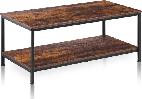 Vista 17 de SUPER DEAL - Mesa de café industrial de 2 niveles con estante de almacenamiento para apartamento pequeño, sala de estar, mesa auxiliar rectangular