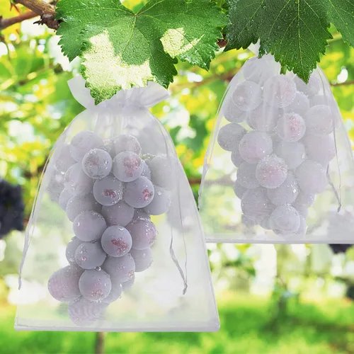 Vista 3 de 50 bolsas de protección de frutas, 6 x 9 pulgadas, bolsas de red de frutas blancas para árboles frutales, bolsa de malla con cordón, bolsas