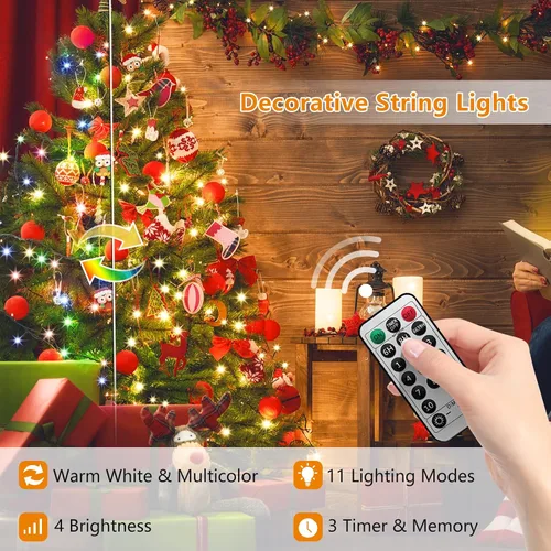 Vista 8 de Voolex Luces de Navidad de 204 pies, 600 LED, 2 colores cambiantes, luces de Navidad multicolor o blanco cálido, regulables, 11 modos