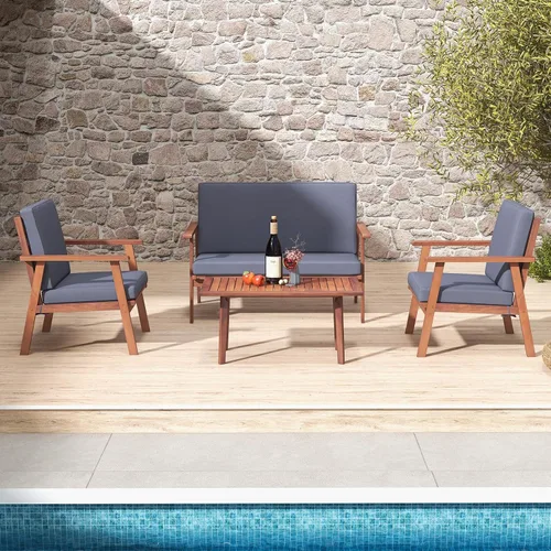 Vista 3 de Tangkula Juego de 4 piezas para conversación al aire libre, juego de sofá de madera de acacia con cojines de asiento y respaldo suaves, mesa Gris
