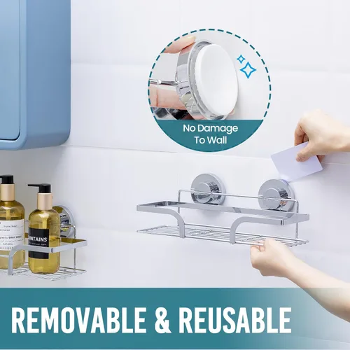 Vista 7 de TAILI Paquete de 2 ventosas para ducha, cesta de baño resistente, estantes de baño para el interior, soporte de ducha de acero inoxidable