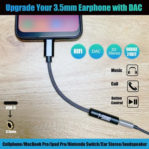 Vista 3 de Adaptador USB C para auriculares, T-Sound USB tipo C a conector de auriculares hembra de 0.138 in (DAC de alta resolución) compatible con MacBook